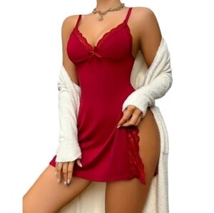 Lace Trim Side Slit Sexy V‎ Neck Nightgown Lingerie Pajamas Chemi Women Burgundy
